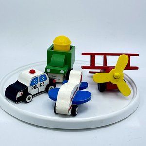 Devrian Global Industries 4 Piece Wood Toy Set Police Car Biplane Jet Dump Truck